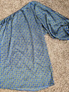 T-Bags Los Angeles Blue green silk Geometric one Sleeve dress M Tunic Loose Tie 